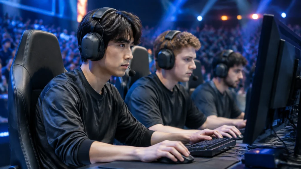 Drei E-Sport-Spieler an Computern auf einer beleuchteten Turnierbühne