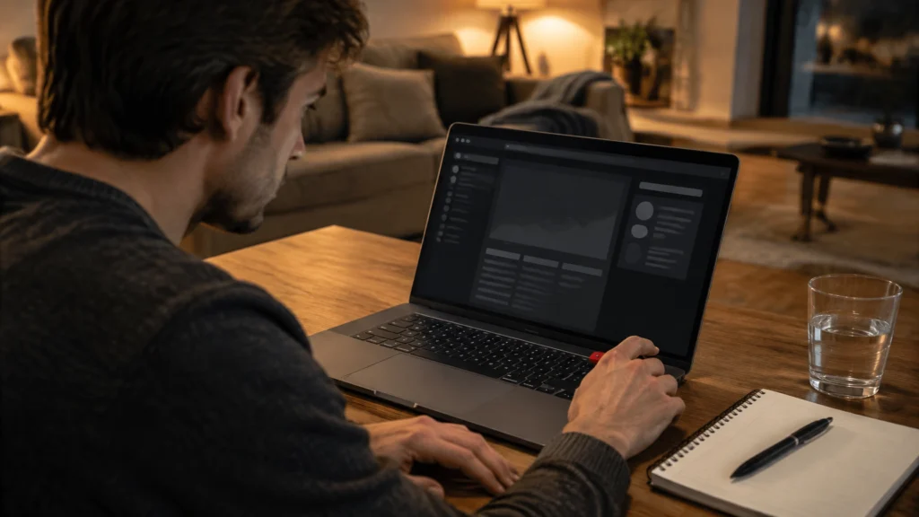Ein Mann sitzt an einem Holztisch vor einem geöffneten Laptop.