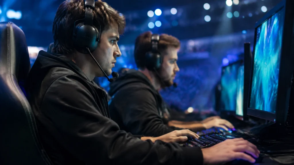 Zwei konzentrierte E-Sports-Profis an ihren Spielstationen vor leuchtenden Monitoren in einer Turnierarena