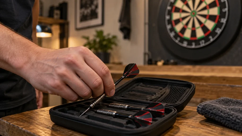 Eine Hand nimmt einen Dartpfeil aus einem Etui im Trainingsraum.