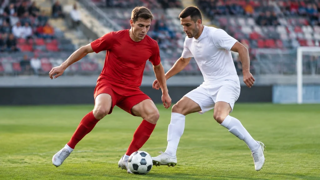 Zwei Fußballspieler in roten und weißen Trikots im Zweikampf um den Ball.