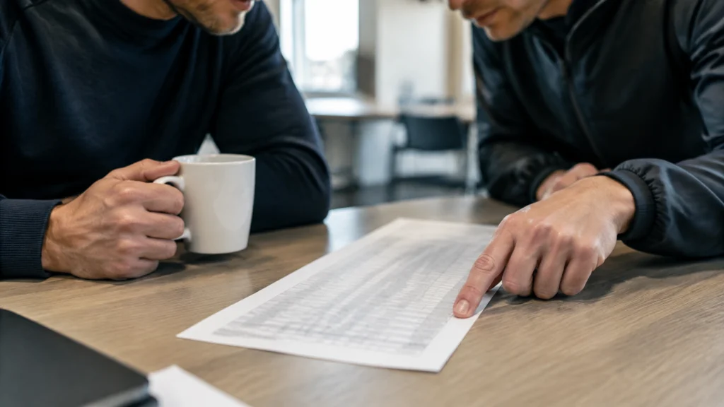 Zwei Erwachsene betrachten einen ausgedruckten Tabellenbogen auf einem Tisch; eine Person zeigt auf eine Zeile, die andere hält eine Kaffeetasse.