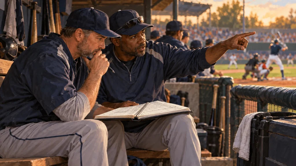 Illustration: Zwei Baseballtrainer besprechen ein Spiel und ihre Aufzeichnungen im Dugout.