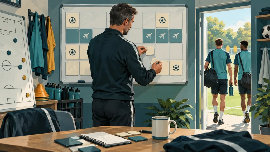 Illustration: Ein Fußballtrainer ordnet Kalenderkarten, während Spieler zum Training gehen.