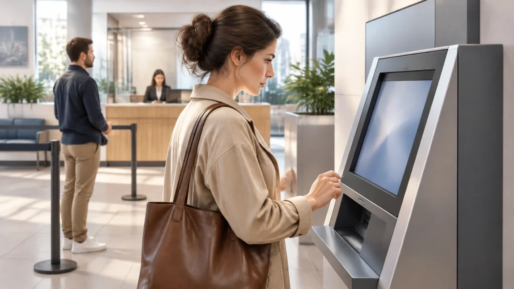 Erwachsene Person bedient ein Selbstbedienungs-Terminal, während eine zweite Person im Hintergrund wartet