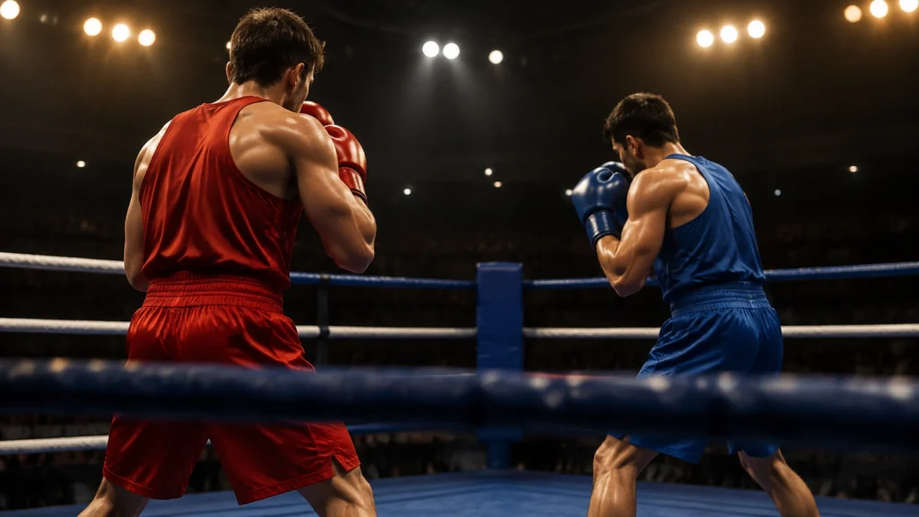 Zwei Boxer in rotem und blauem Dress stehen sich im Boxring gegenüber, dahinter eine dunkle Halle.