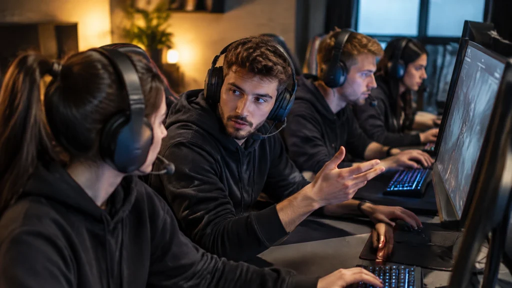 Erwachsene E-Sport-Spieler sprechen sich während eines Online-Turniers an ihren Rechnern ab