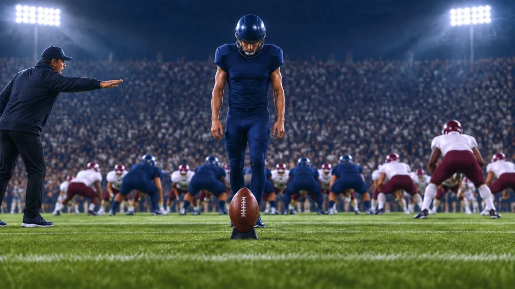 American-Football-Kicker vor dem Ball, Trainer an der Seitenlinie und beide Mannschaften in Aufstellung unter Flutlicht