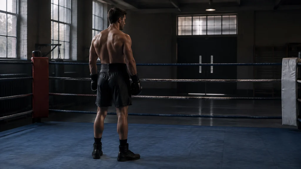 Ein Boxer wartet allein im Ring einer dunklen Trainingshalle.