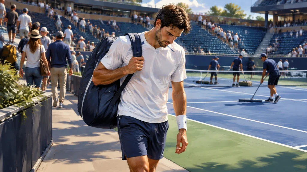 Ein Tennisspieler verlässt nach Spielende den Platz, im Hintergrund wird die nächste Partie vorbereitet.