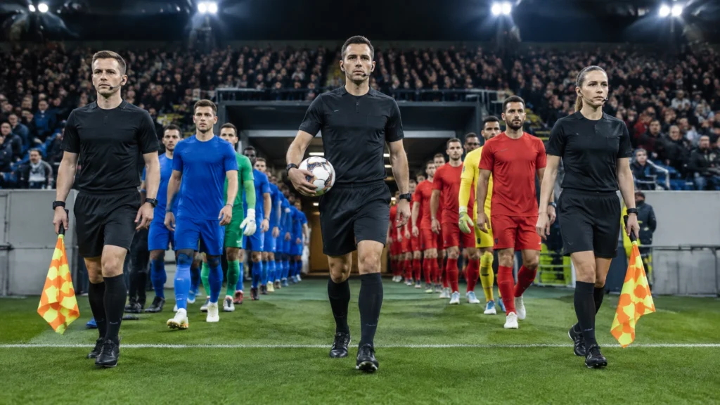 Schiedsrichtergespann und zwei Fußballmannschaften laufen unter Flutlicht aus einem Spielertunnel auf den Rasen