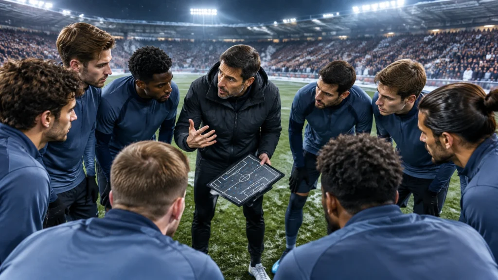 Fußballmannschaft im Kreis mit ihrem Trainer unter winterlichem Flutlicht im Stadion