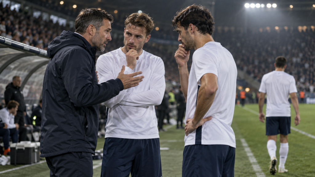 Ein Trainer spricht am Spielfeldrand mit zwei Fußballspielern.