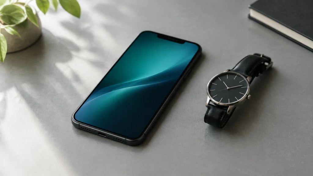 Ein Smartphone auf einem Tisch neben einer Armbanduhr.