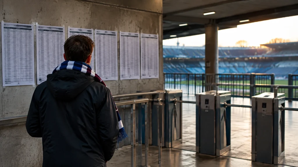 Person mit Fanschal steht vor einem Stadion-Aushang mit Ansetzungslisten, im Hintergrund die Tribünen am Abend.