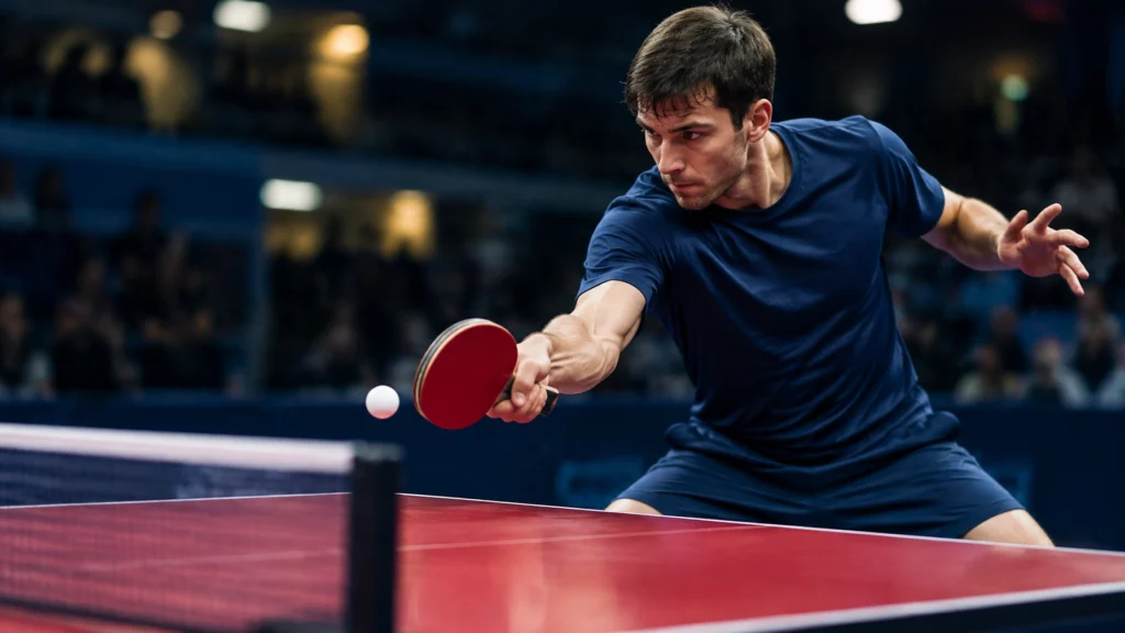 Tischtennisspieler in dunkelblauer Kleidung spielt am roten Tisch einen Ball mit der Rückhand