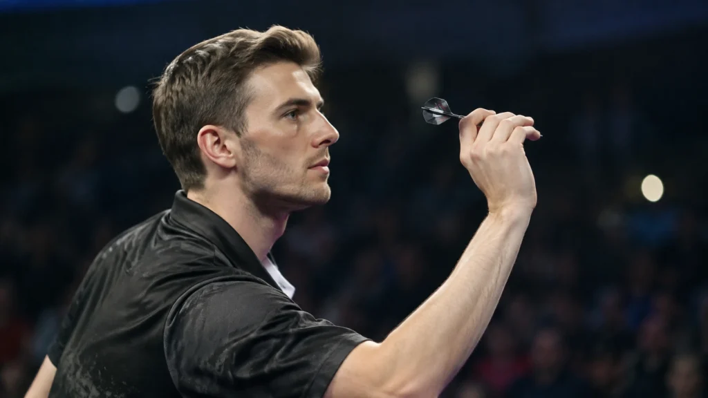Ein Dartspieler im schwarzen Shirt hält einen Pfeil vor dem Wurf auf Augenhöhe.