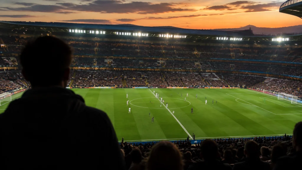 Eine Fußballarena bei Dämmerung mit beleuchtetem Spielfeld und Anstoßpunkt; im Vordergrund eine dunkle Silhouette.