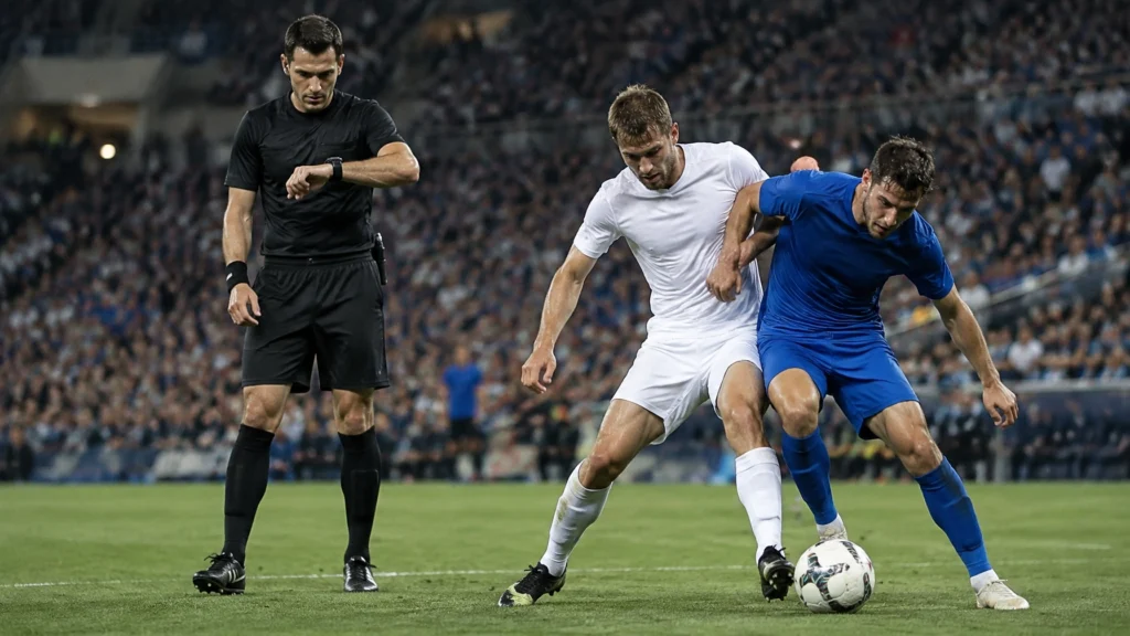 Ein Schiedsrichter blickt auf seine Armbanduhr, während zwei Spieler unter Flutlicht um den Ball kämpfen.