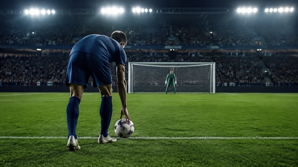 Ein Fußballspieler legt einen Ball auf den Rasen vor einem Tor unter Flutlicht.