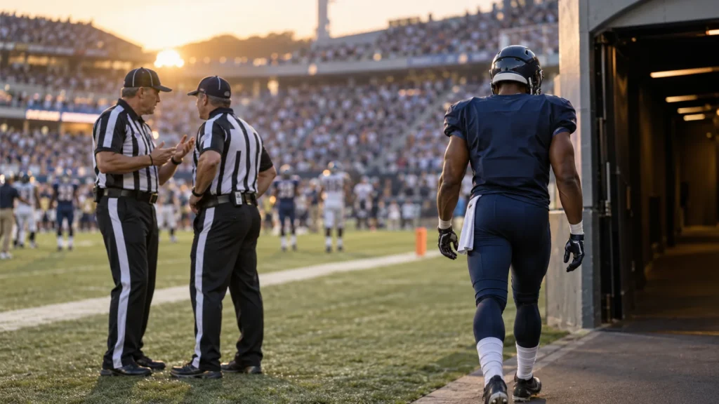 Ein American-Football-Spieler geht zum Stadiontunnel, während zwei Spieloffizielle am Spielfeldrand sprechen.