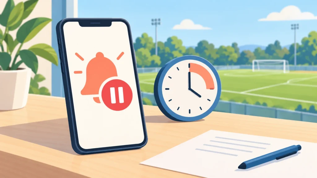 Smartphone mit pausiertem Benachrichtigungssymbol, Uhr und Notizblatt vor einem Sportplatz