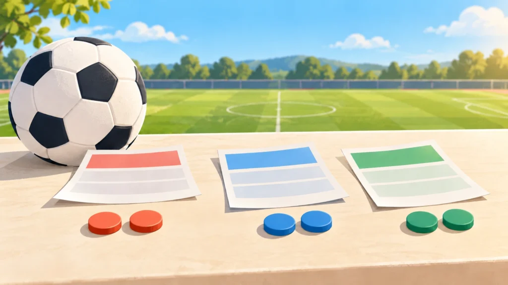 Fußball, drei farbige Wettscheine und sechs Spielmarken auf einem hellen Tisch am Sportplatz