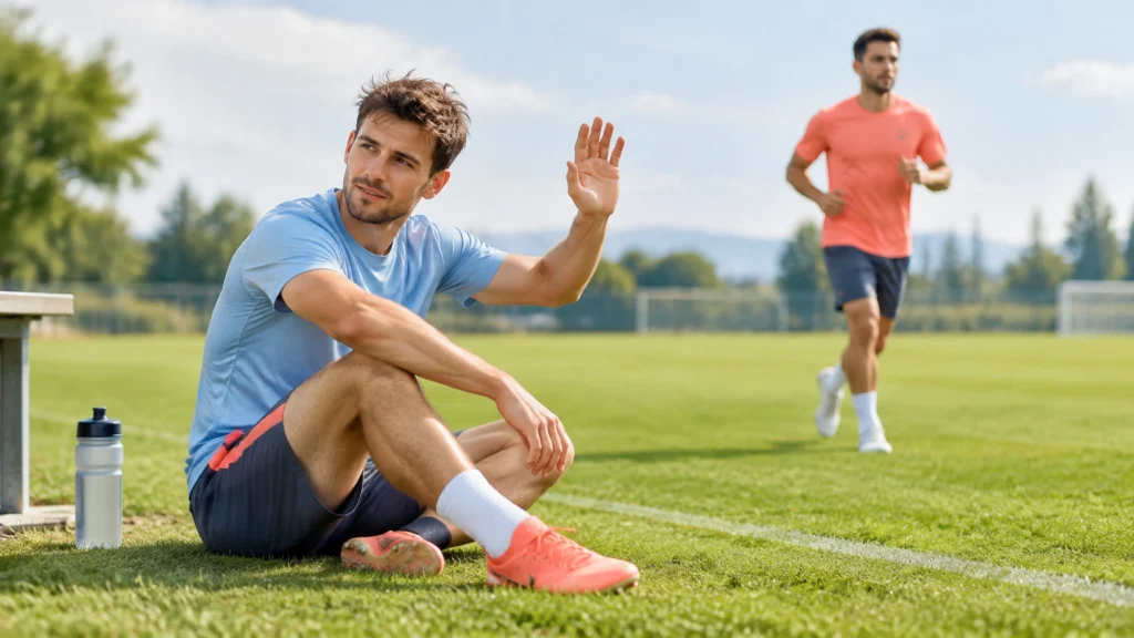 Ein erwachsener Sportler sitzt am Rand eines Trainingsplatzes und hebt die Hand, während ein weiterer Spieler im Hintergrund läuft.