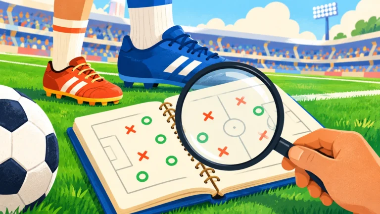 Eine Lupe vergrößert Markierungen in einem Fußballnotizbuch auf einem sonnigen Spielfeld.