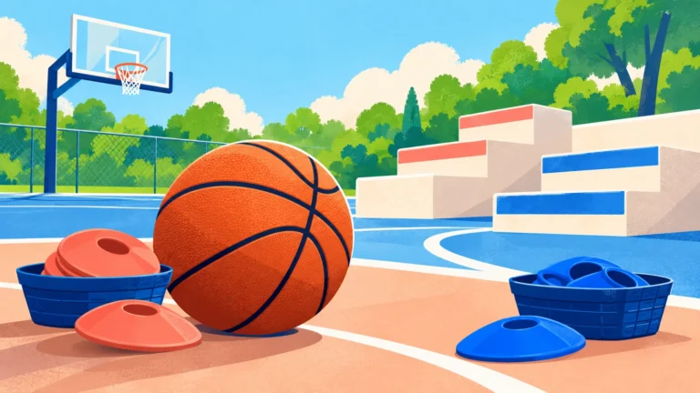 Basketball und zwei Körbe mit Trainingsscheiben neben auf- und absteigenden Stufen auf einem hellen Freiplatz.
