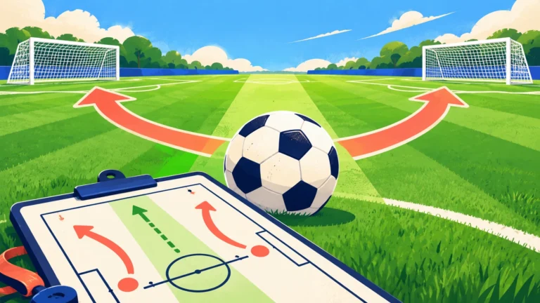 Fußball mit zwei seitlichen Pfeilen und einer freien Mitte auf einem sonnigen Trainingsfeld.