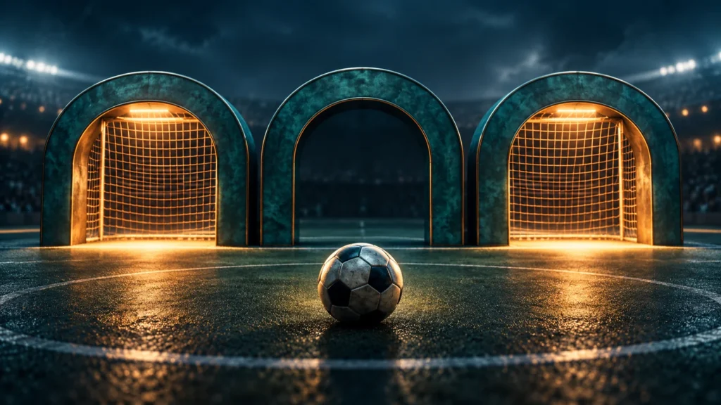 Drei torförmige Öffnungen, die äußeren beleuchtet und die mittlere im Schatten, vor einem Fußball.
