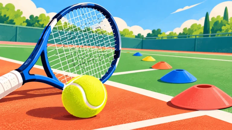 Tennisschläger und gelber Ball vor einer gebogenen Reihe farbiger Trainingsmarkierungen auf einem sonnigen Platz.