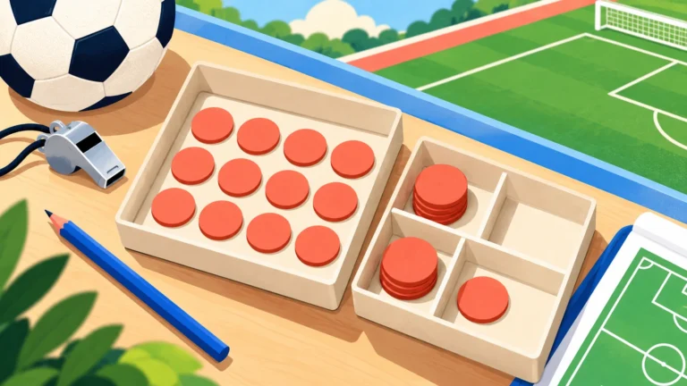 Zwei unterschiedlich aufgeteilte Schalen mit roten Spielmarken neben Fußball und Pfeife auf einem hellen Tisch.