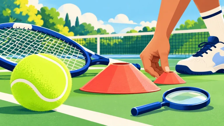 Eine Hand platziert einen kleinen Trainingskegel neben einem größeren auf einem hellen Tennisplatz mit Lupe und Ball.