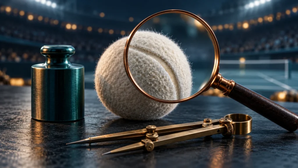 Kupferlupe über der Naht eines Tennisballs neben Gewicht und Zirkel.