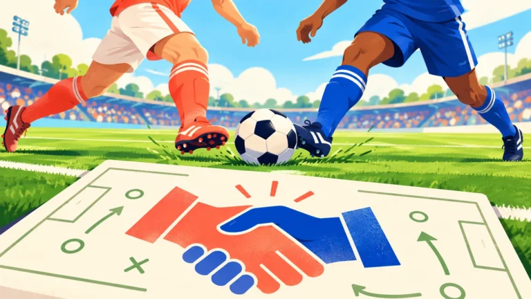 Zwei Fußballspieler nähern sich einem Ball; eine Taktikkarte zeigt einen Handschlag als Symbol einer Gegenposition.