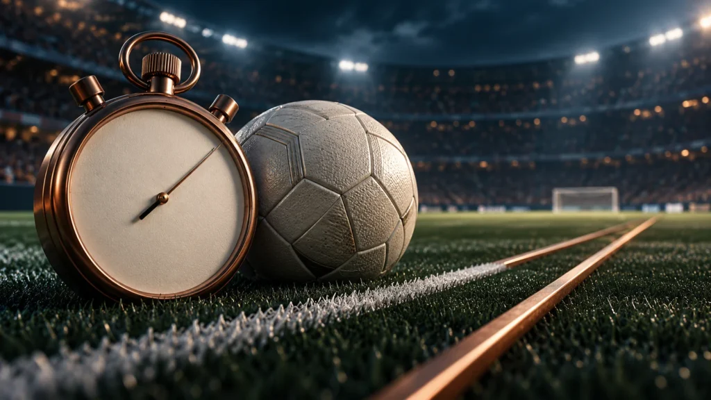 Kupferfarbene Stoppuhr und weißer Fußball an einer Seitenlinie im Stadionlicht.