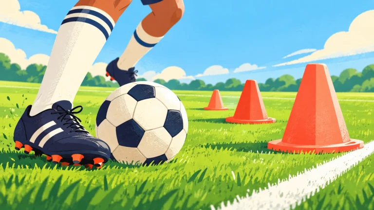 Helle Fußballillustration mit Ball, Schuh und größer werdenden Trainingskegeln an einer Spielfeldgrenze.