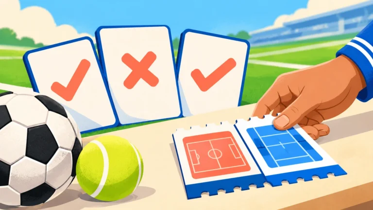 Drei Auswahlkarten mit zwei Häkchen und einem Kreuz neben zwei Sportscheinen, Fußball und Tennisball.