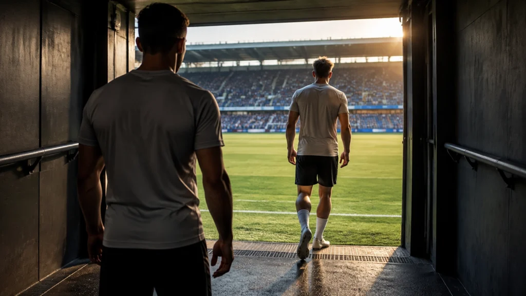 Zwei Spieler gehen durch einen Spielertunnel auf den Fußballplatz