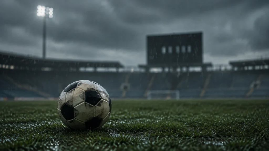 Ein Fußball liegt bei Regen auf dem Rasen eines Stadions.