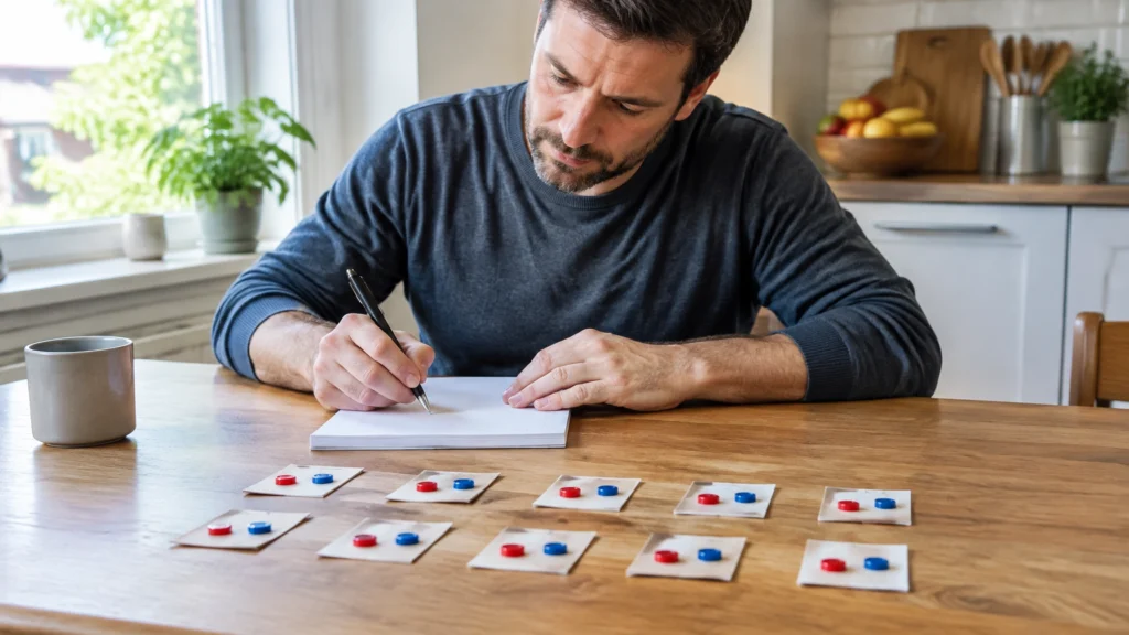 Ein Mann macht sich am Küchentisch neben Karten mit roten und blauen Markern Notizen.