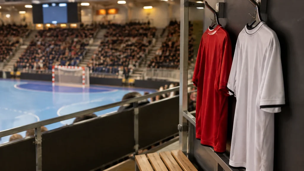 Ein rotes und ein weißes Trikot hängen nebeneinander an Haken nahe der Bank einer Handballhalle, im Hintergrund unscharfe Zuschauerreihen.