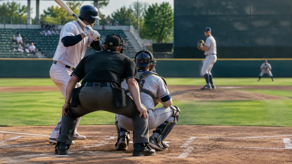 Baseballspieler am Schlag, dahinter Catcher und Schiedsrichter; im Hintergrund steht der Pitcher.