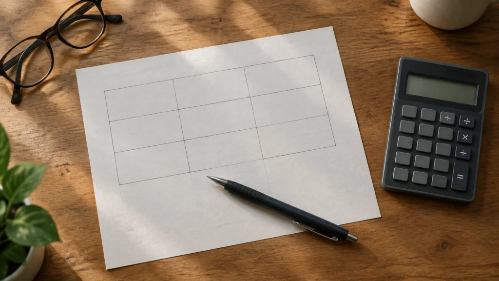 Ein Papierbogen mit einer von Hand gezeichneten Tabelle mit vier Zeilen und drei Spalten liegt auf einem Holztisch, daneben liegen ein Stift und ein Taschenrechner
