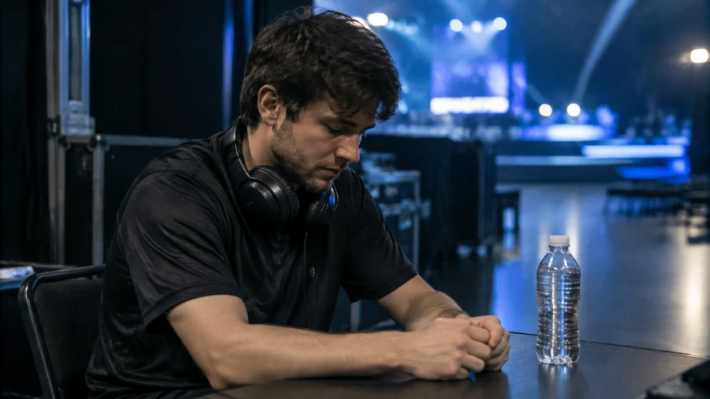 Ein E-Sport-Spieler sitzt mit Kopfhörern um den Hals an einem Tisch im Backstage-Bereich einer Turnierhalle