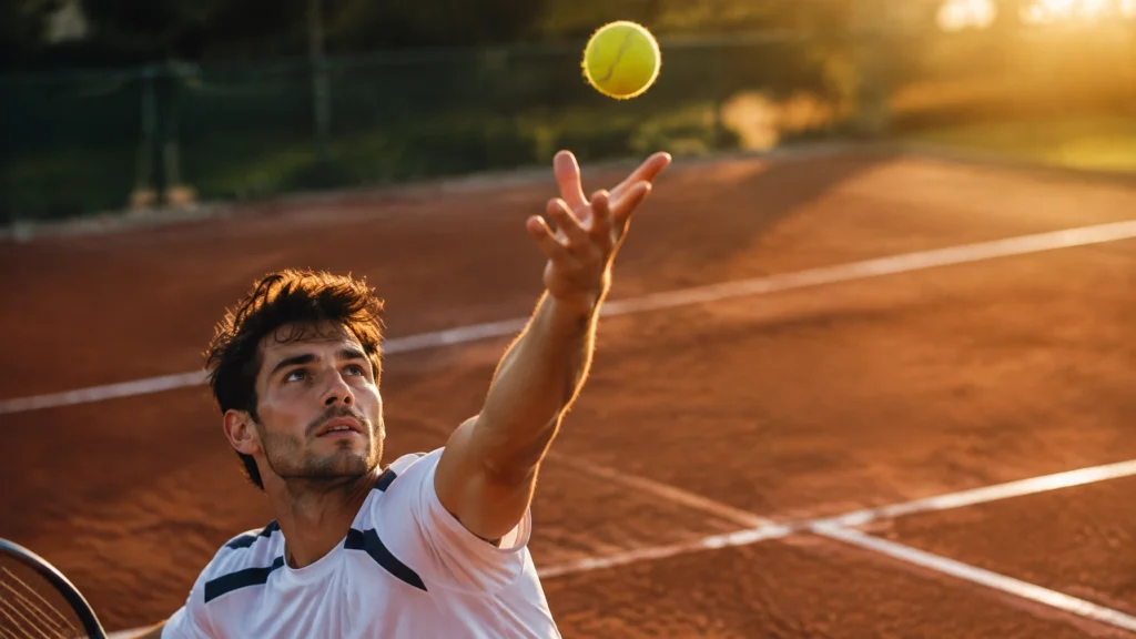 Tennisspieler wirft beim Aufschlag auf einem Sandplatz den gelben Ball hoch
