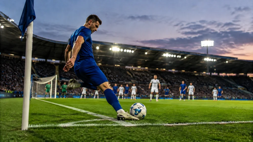 Ein Fußballspieler tritt den Ball an der Eckfahne, im Hintergrund stehen unscharf weitere Spieler im Strafraum.