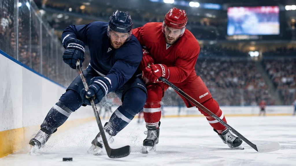 Zwei Eishockeyspieler in blauer und roter Ausrüstung im Zweikampf an der Bande.